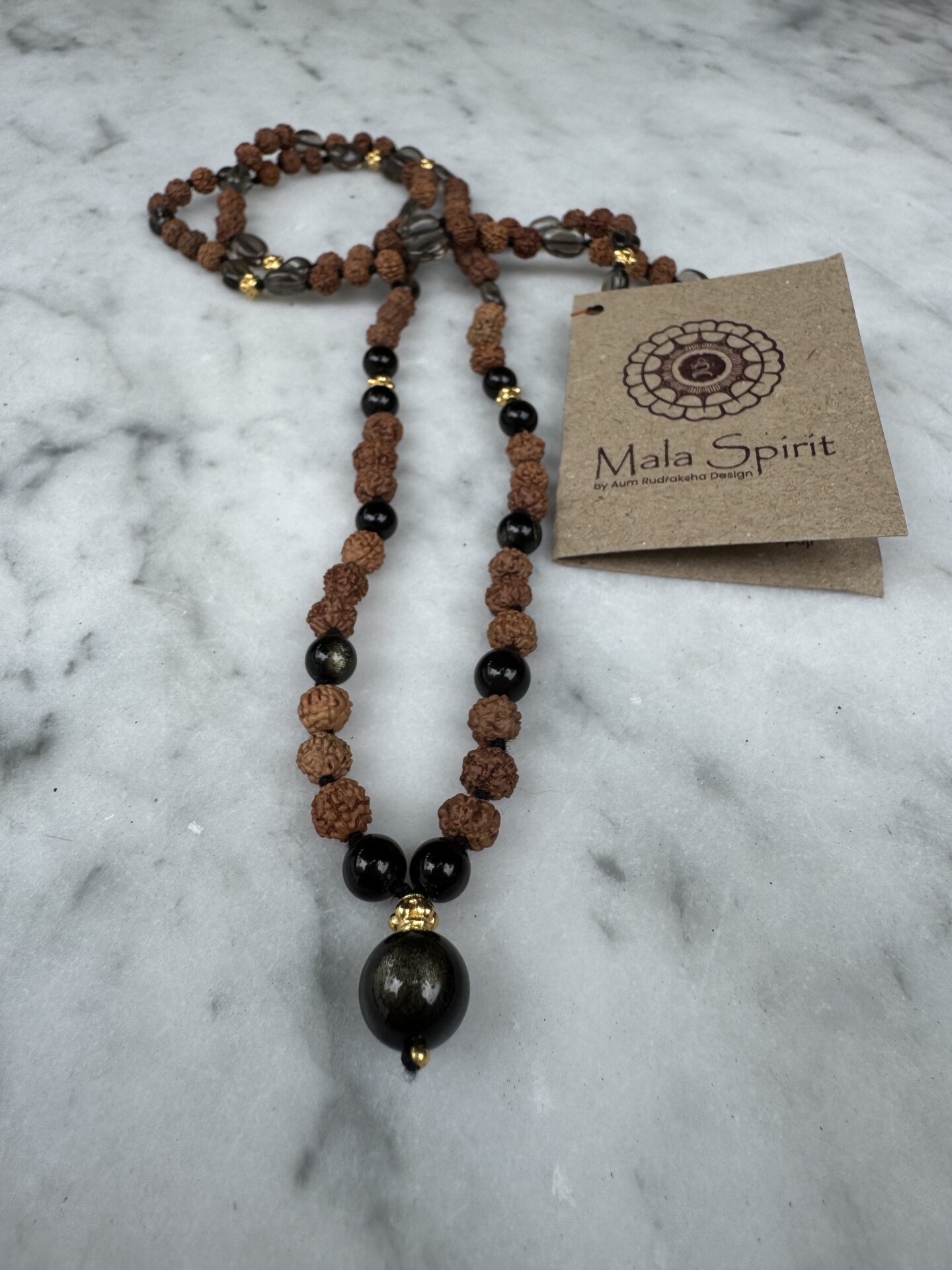 Obsidian und Rauchquarz Mala Kette 13 gold Obsidian und Rauchquartz Mala