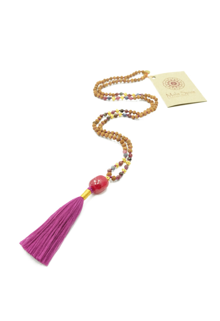 Rubin Saphir Mala Kette mit Rudraksha Perlen