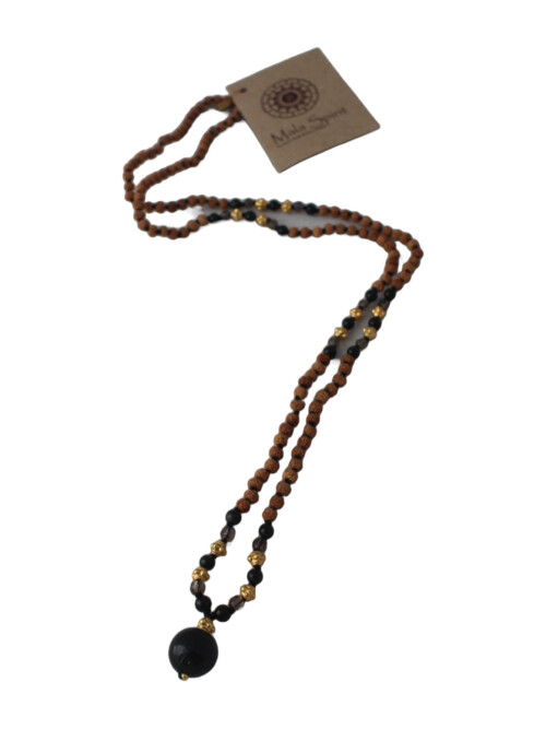 Obsidian und Rauchquarz Mala-Kette mit Rudraksha und Obsidian-Anhänger
